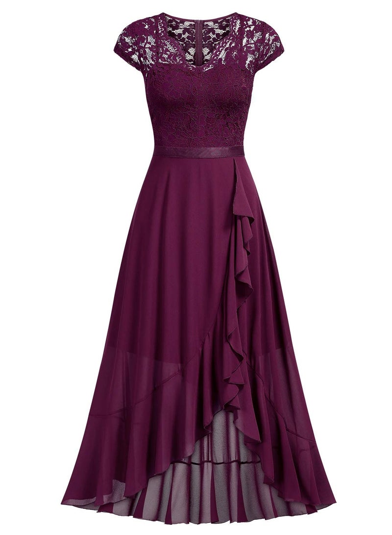 Miusol Women's V Neck Elegant Lace Ruffle Bridesmaid Maxi Dress (XX-Large, Magenta) - Image 3